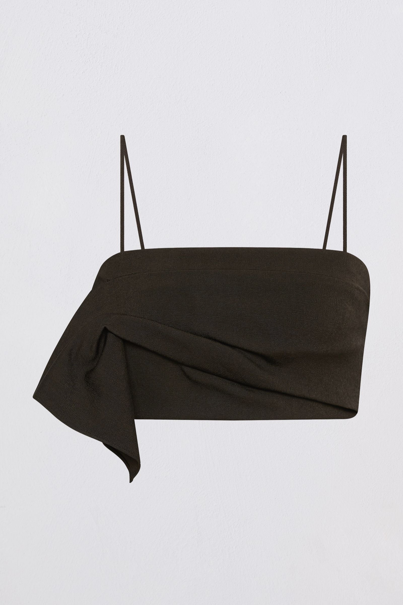 A dark brown draped fabric top with thin black spaghetti straps, displayed against a clean white background.