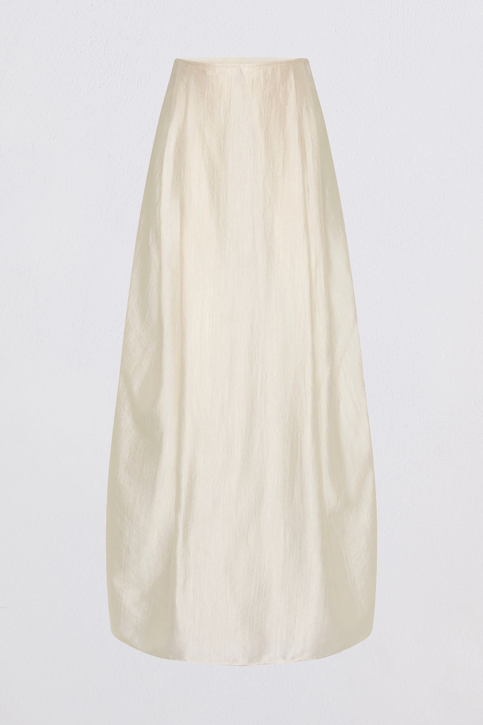 An off-white, cream-colored midi skirt with a subtle vertical textured stripe pattern, shown against a plain light gray background.