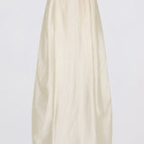 An off-white, cream-colored midi skirt with a subtle vertical textured stripe pattern, shown against a plain light gray background.