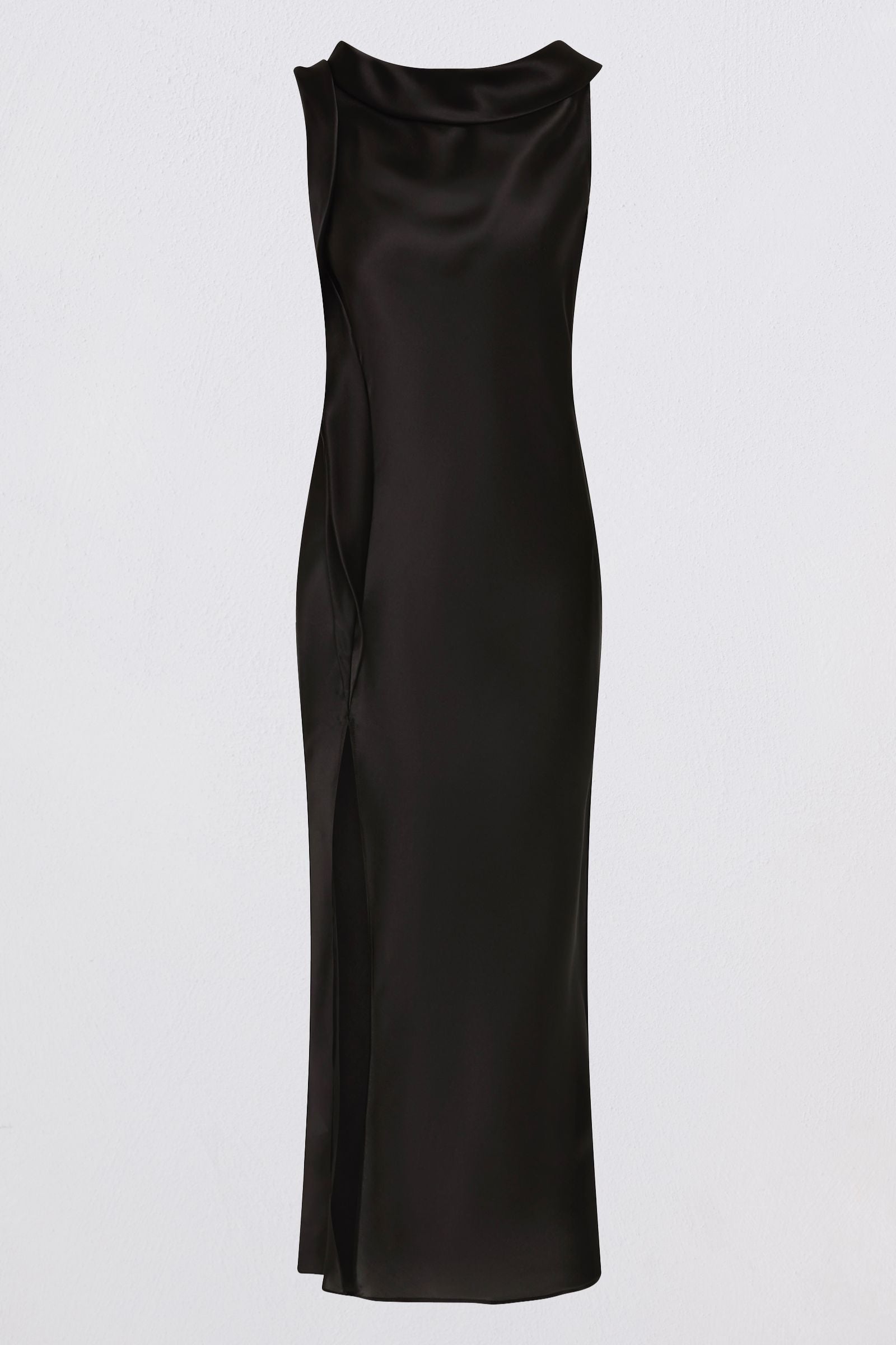 A sleeveless black satin midi dress with a draped cowl neckline and a side slit, shown against a plain light gray background.