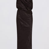 A dark brown satin midi dress with spaghetti straps and a draped, gathered bodice, shown against a plain light gray background.