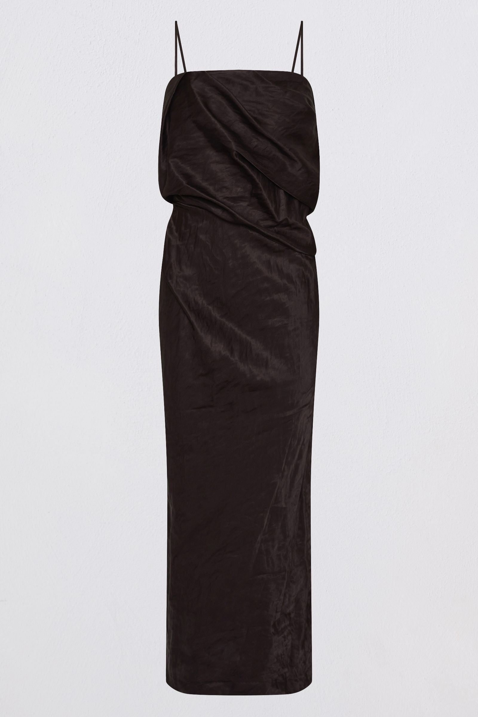 A dark brown satin midi dress with spaghetti straps and a draped, gathered bodice, shown against a plain light gray background.