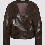 A dark brown faux-crocodile leather wrap jacket with long sleeves, displayed on a clean white background.