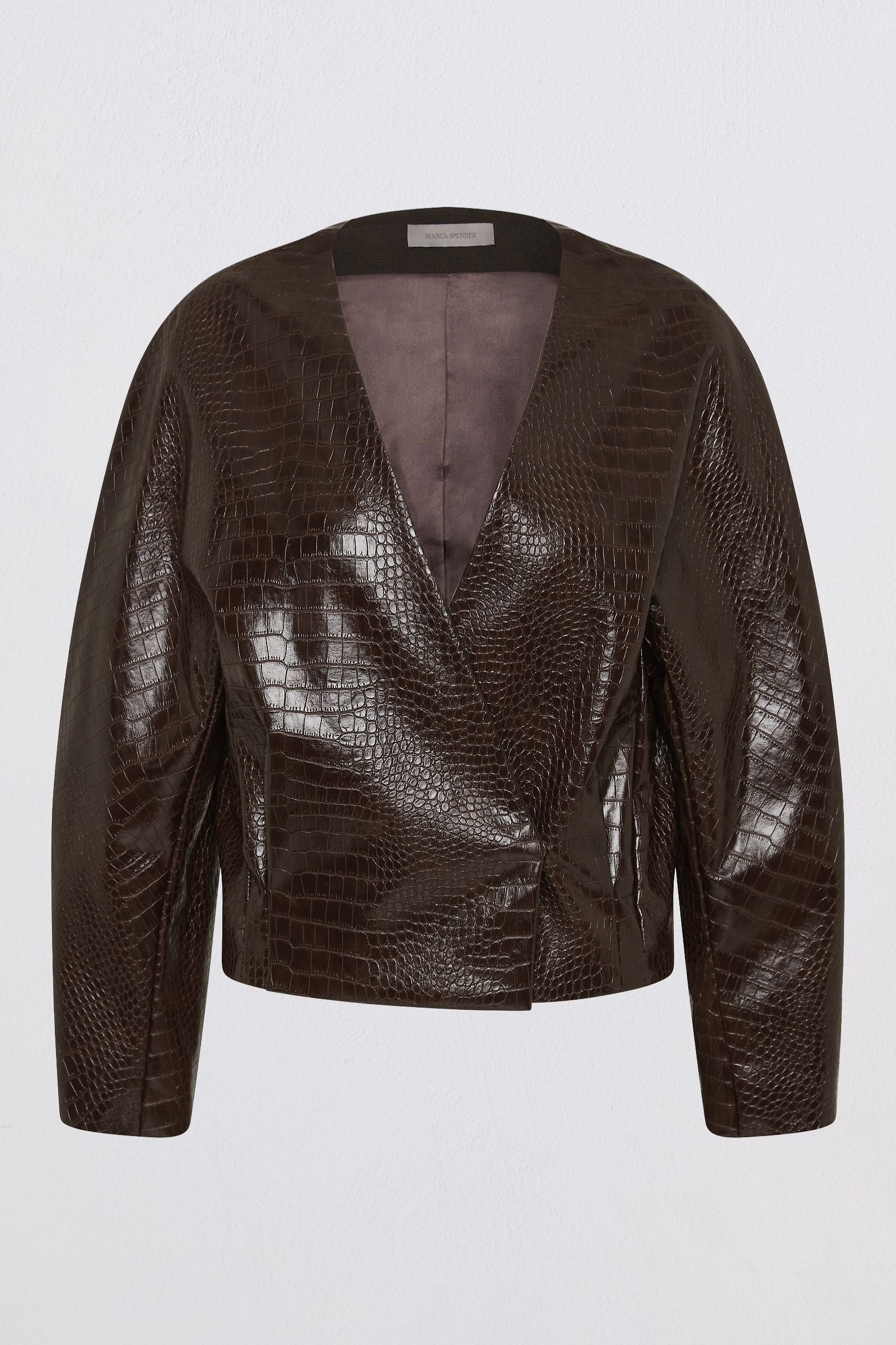 A dark brown faux-crocodile leather wrap jacket with long sleeves, displayed on a clean white background.