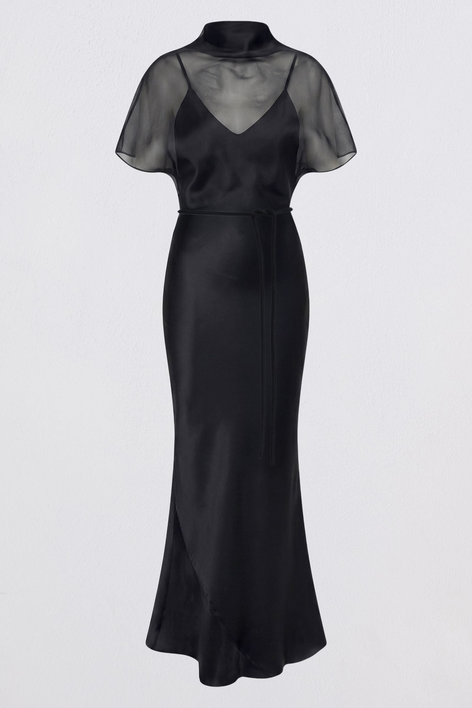 A black satin maxi dress with sheer short sleeves and a high mock neck, displayed on a ghost mannequin against a light gray background.