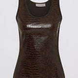 A sleeveless scoop-neck tank top with a glossy crocodile-embossed texture in dark brown, shown against a plain light gray background.