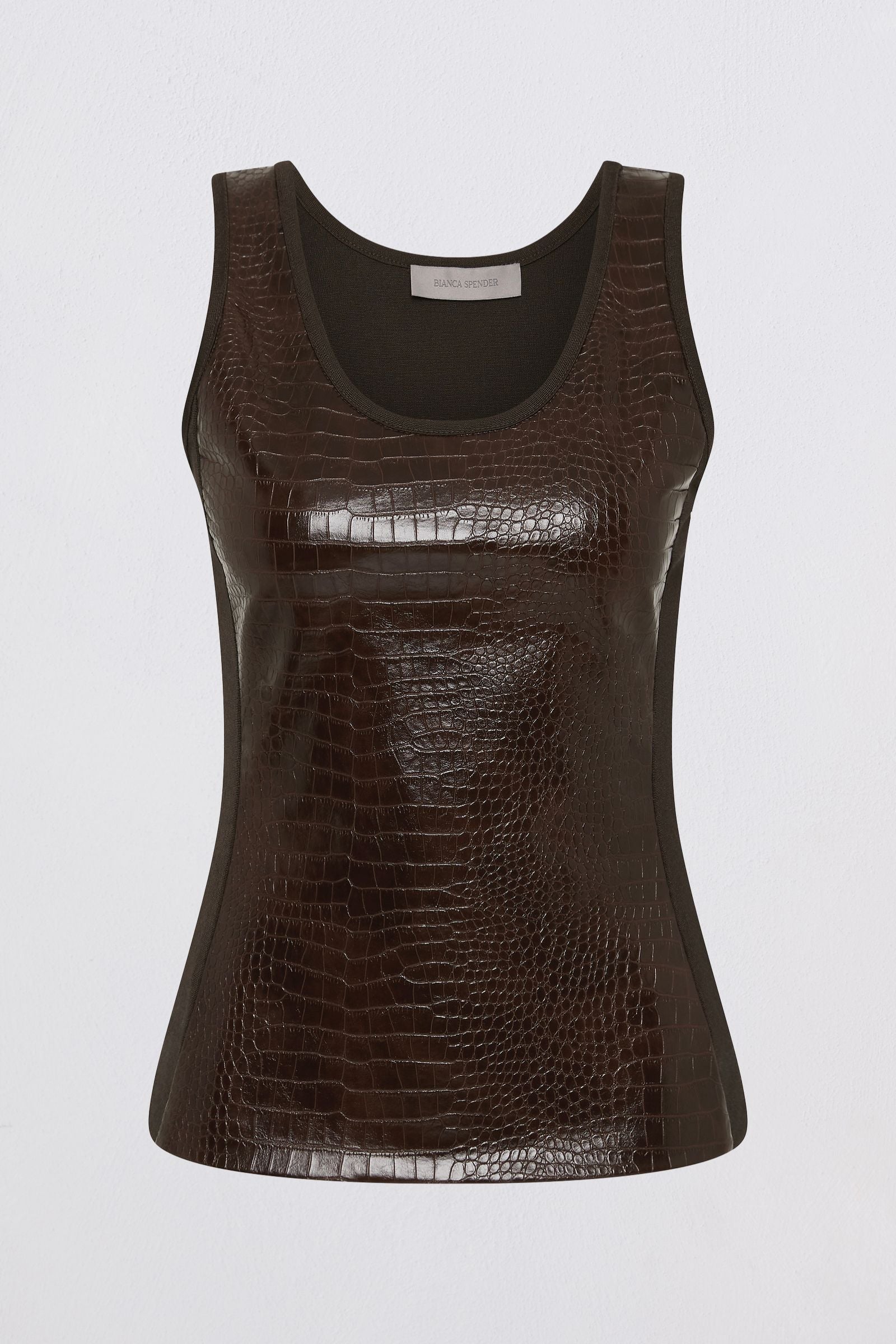 A sleeveless scoop-neck tank top with a glossy crocodile-embossed texture in dark brown, shown against a plain light gray background.