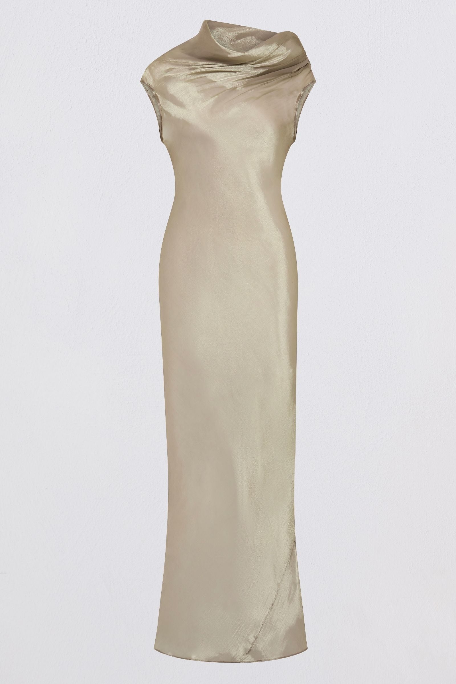 A floor-length champagne satin gown with a draped cowl neckline and cap sleeves, shown against a plain light gray background.