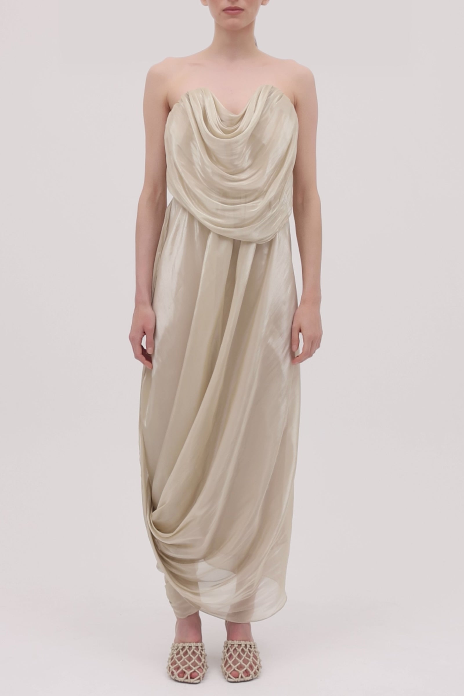 CHAMPAGNE LIQUID ORGANZA TIDAL BUSTIER DRESS