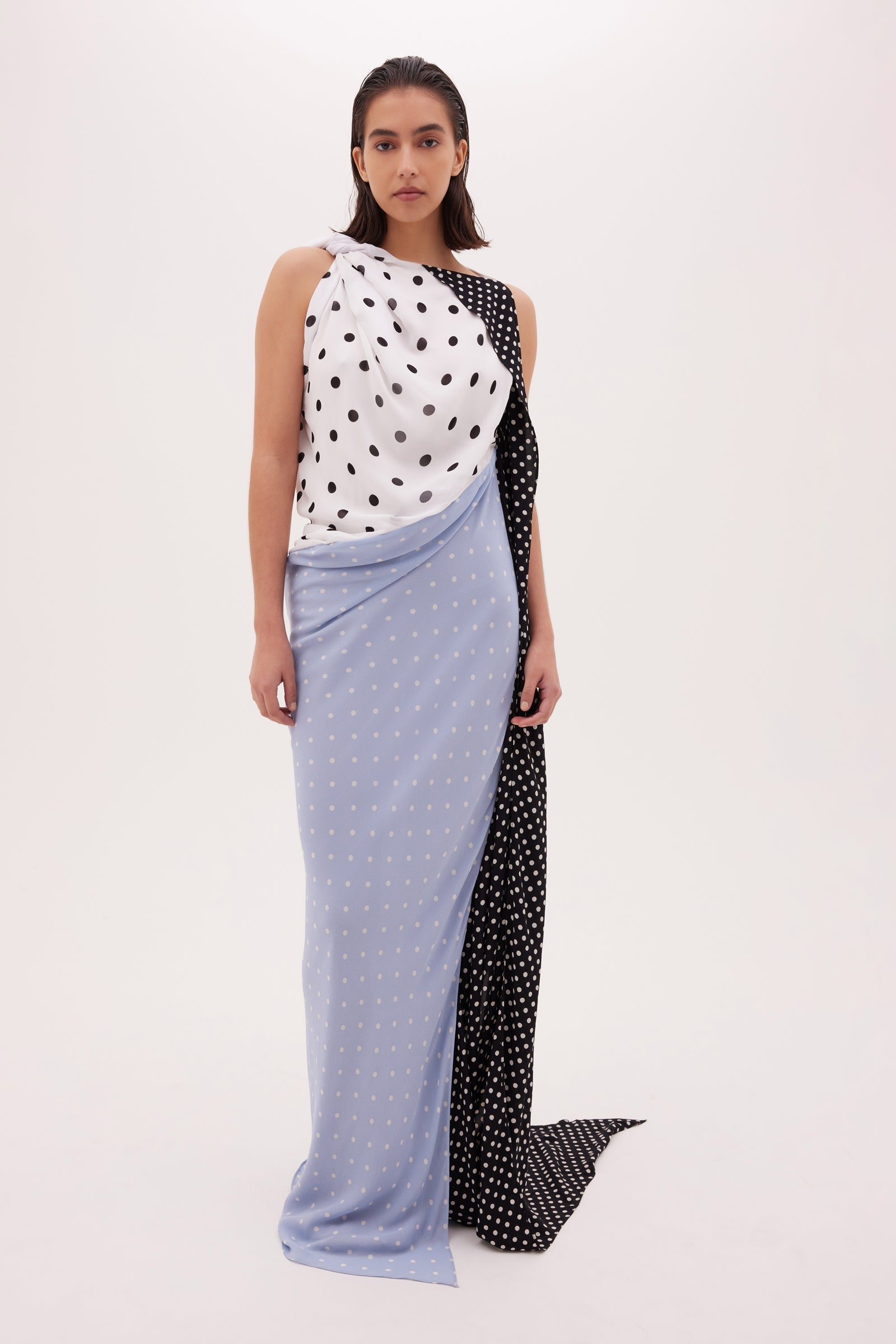 WHITE SPOTTED GEORGETTE LEDA GOWN