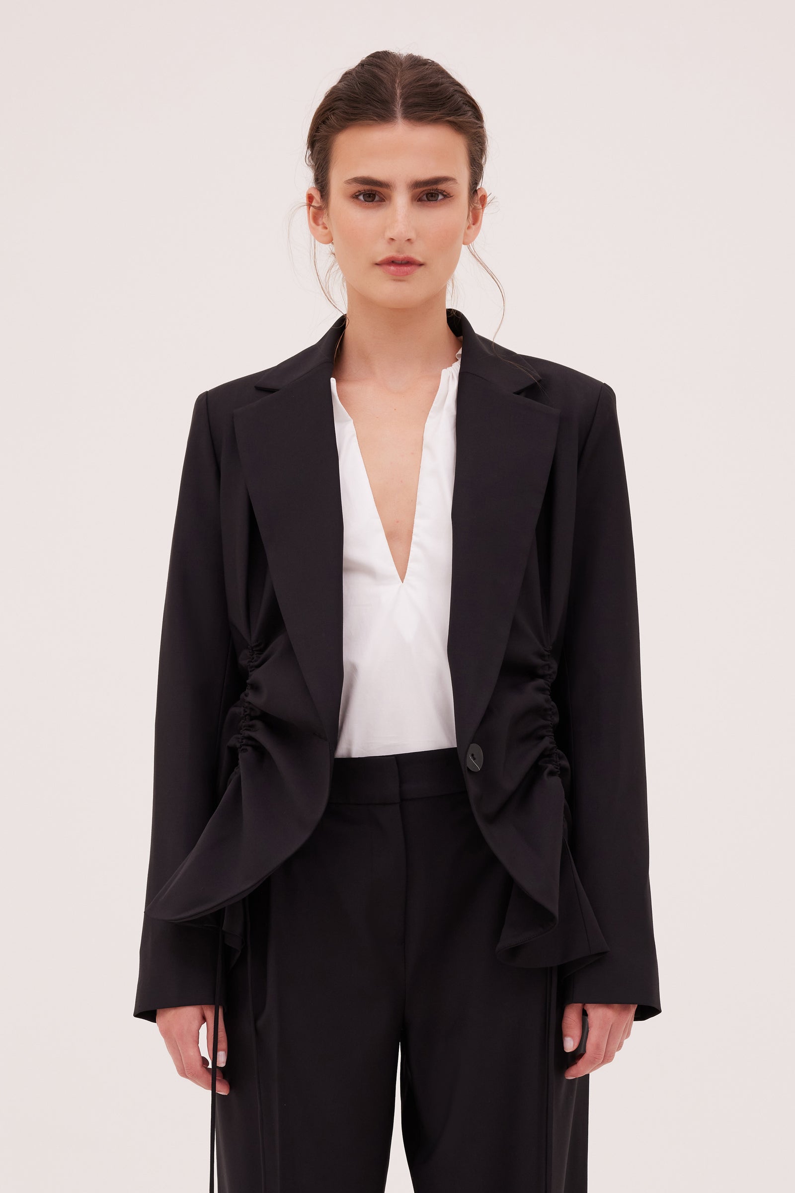 BLACK WOOL SUITING COMPOSITION JACKET